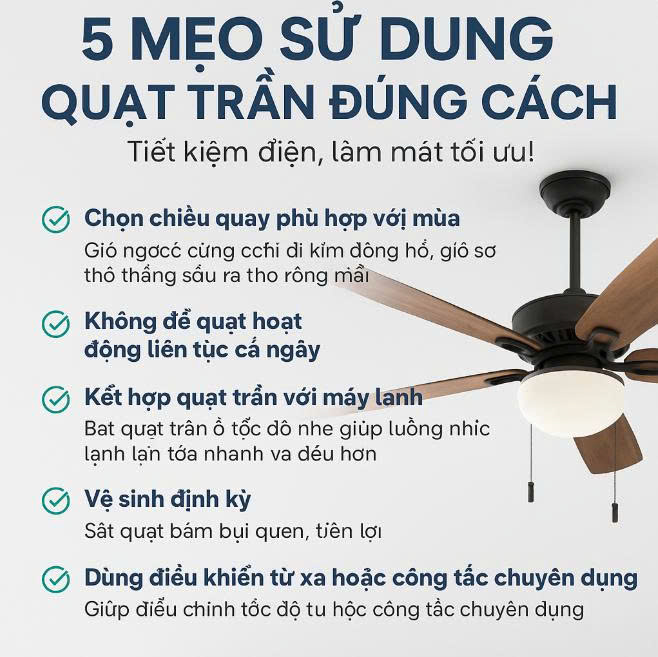 5 Mẹo sử dụng quạt trần đúng cách – Tiết kiệm điện, làm mát tối ưu!