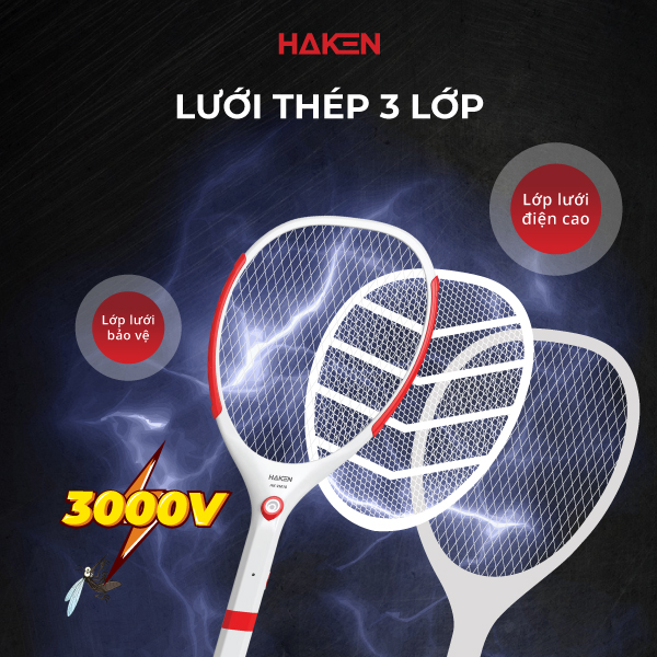 Vợt Muỗi HAKEN HK-VM10: Lưới Thép 3 Lớp 3000V, Tích Hợp Đèn LED COB Siêu Sáng