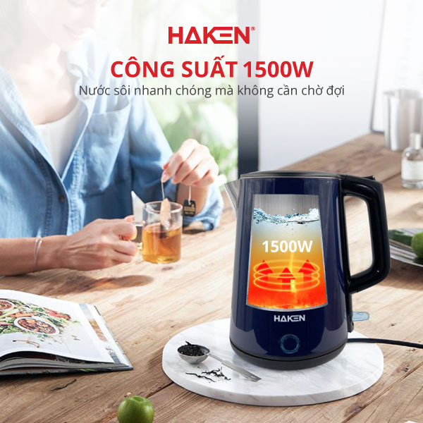 Ấm Siêu Tốc 2 Lớp HAKEN ASP03: Công Suất 1500W, Đun Sôi Thần Tốc, An Toàn Tuyệt Đối