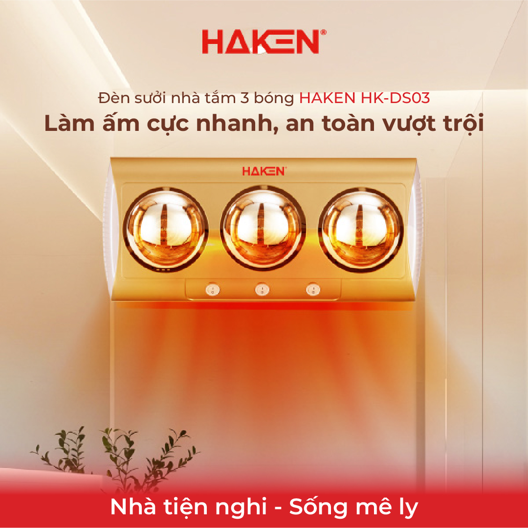 Đèn sưởi nhà tắm 3 bóng HAKEN HK-DS03 - Làm ấm cực nhanh, an toàn vượt trội