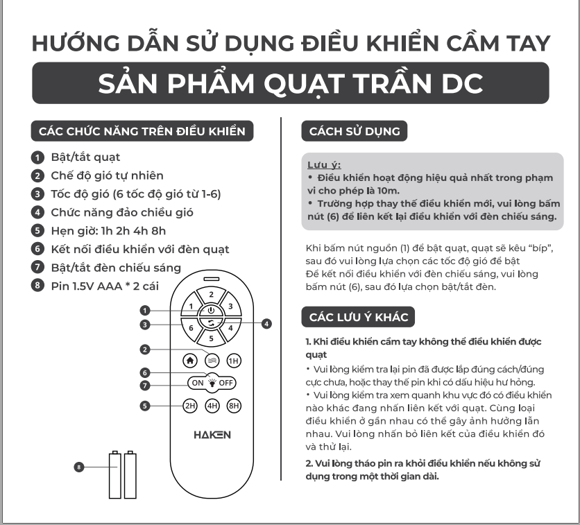 Hướng dẫn sử dụng điều khiển quạt trần PKGQ0005 cho các quạt QT01 , QT09 , QT16 , QT18